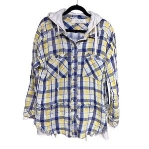 Free People Calico Basin Plaid Hooded Shirt Jacket Yellow Women’s Size Small‎